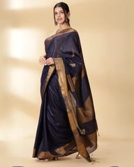 Ziyorah| Handloom Cotton Silk Saree Blue Colour With Running Blouse