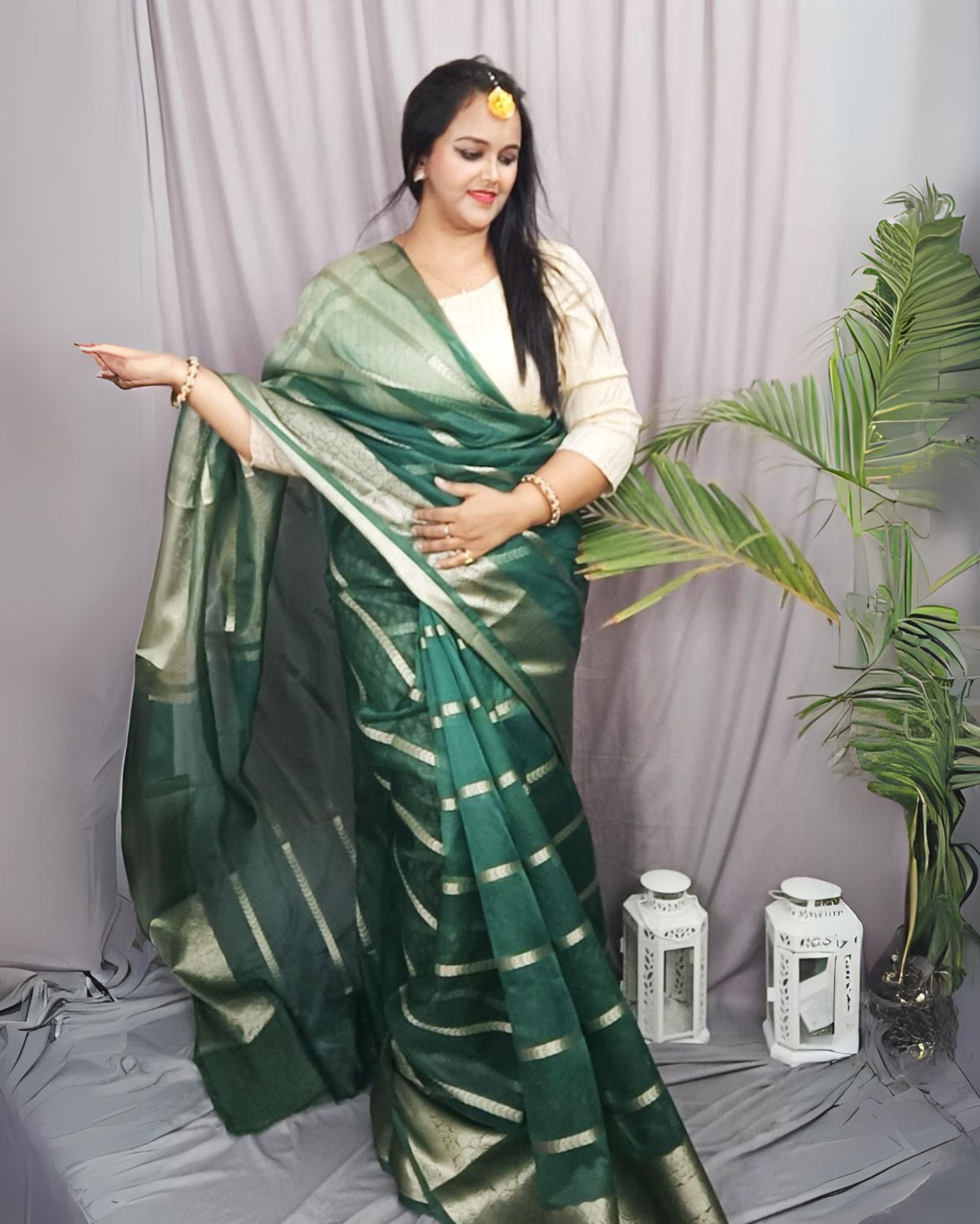 Ziyorah| Organza Pure Banarasi Silk Saree With Striped Body Running Blouse Green Color