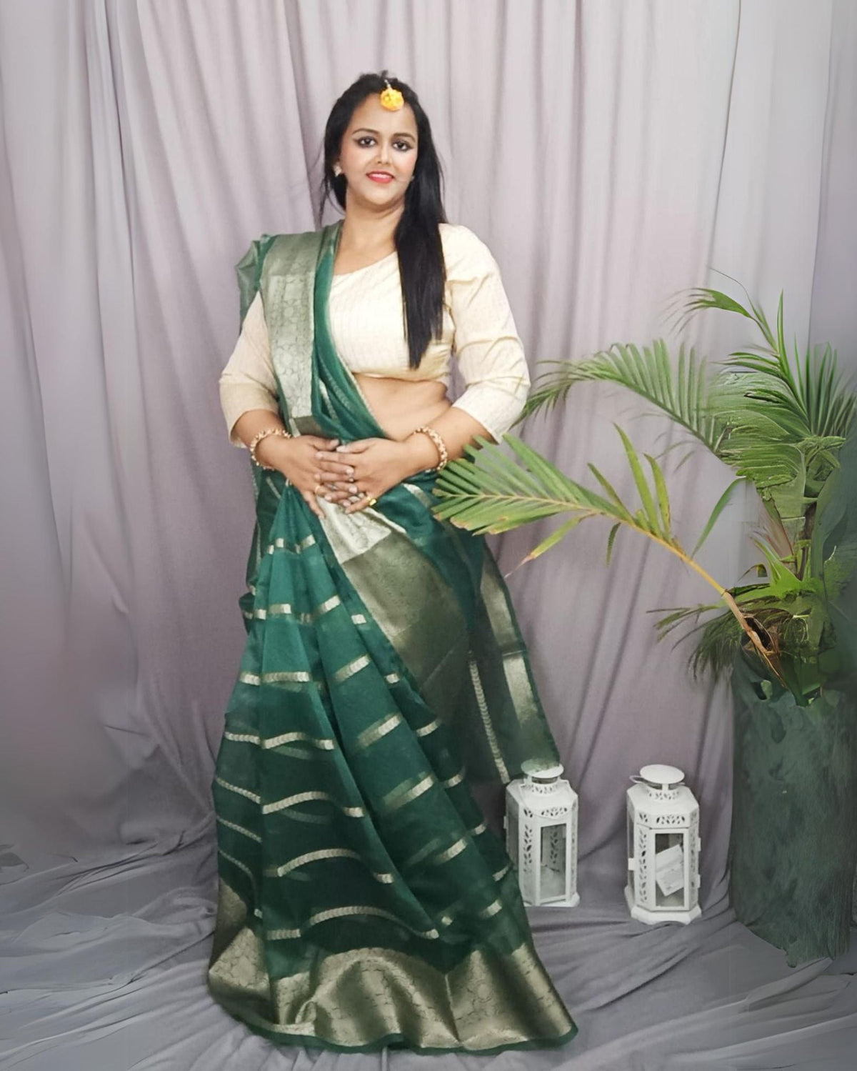 Ziyorah| Organza Pure Banarasi Silk Saree With Striped Body Running Blouse Green Color