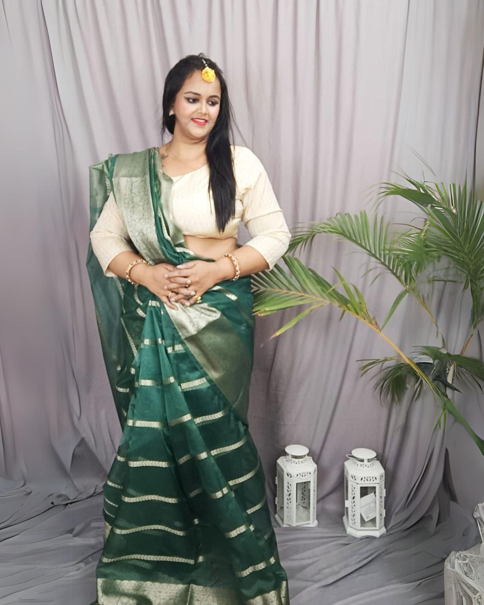 Ziyorah| Organza Pure Banarasi Silk Saree With Striped Body Running Blouse Green Color