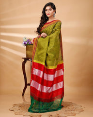 Ziyorah| Ilkal Handloom Cotton Silk Saree Olive Green Color With Running Blouse