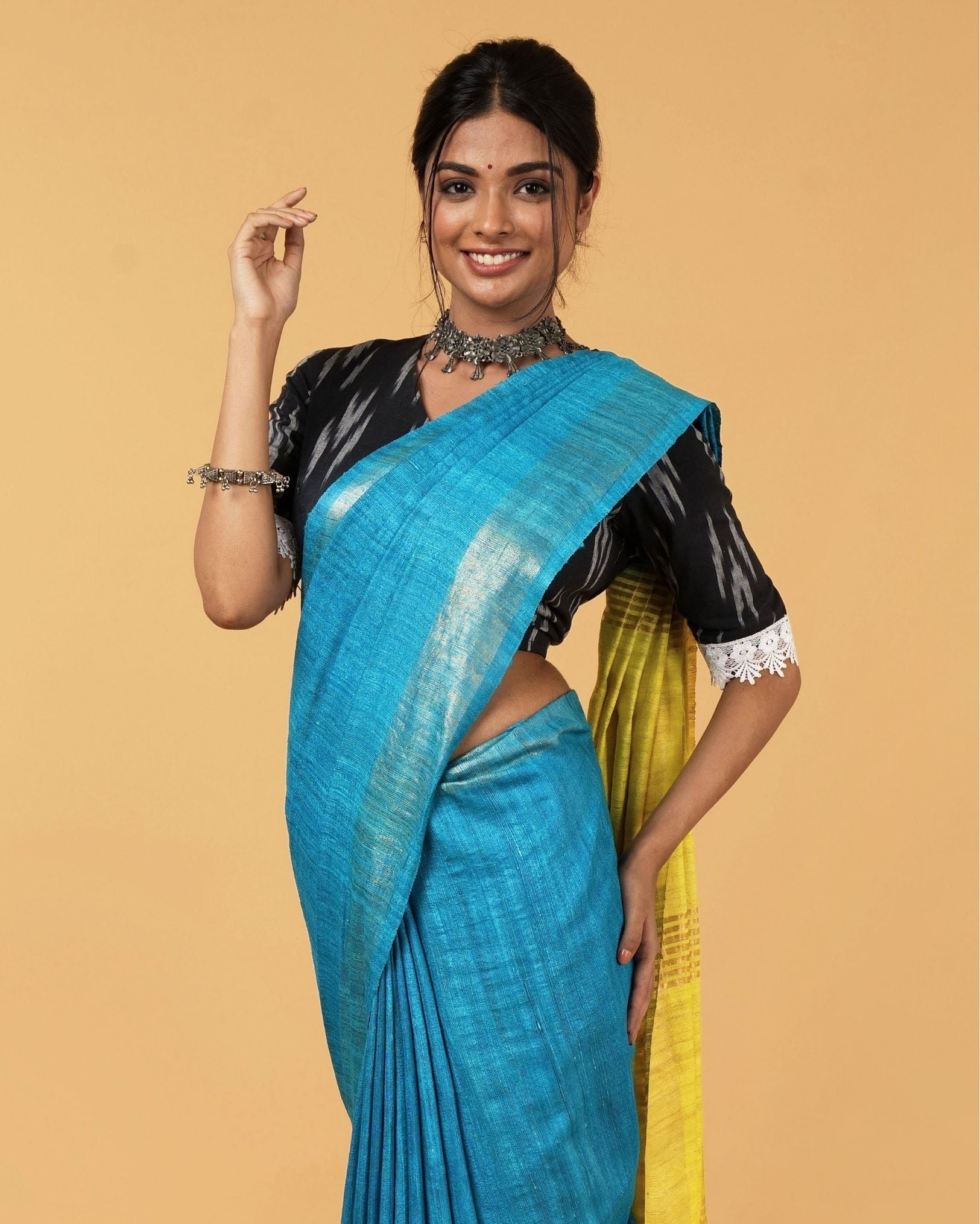 Ziyorah| Silkmark Certified Gichcha Tussar Handloom Hand Dyed Blue Saree With Blouse