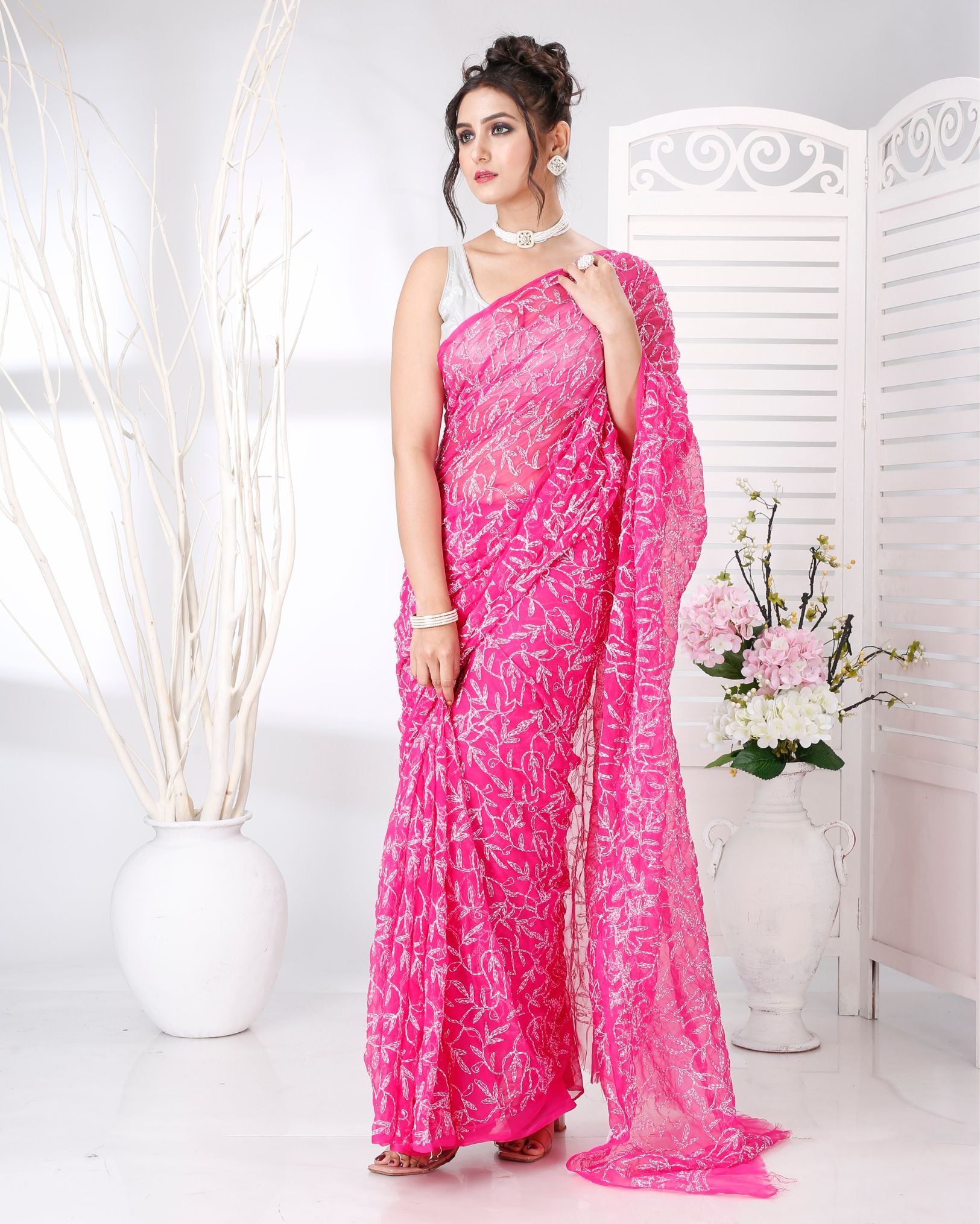 Ziyorah | Georgette Handcrafted Saree Dark Pink Color Tepchi Work With Running Blouse