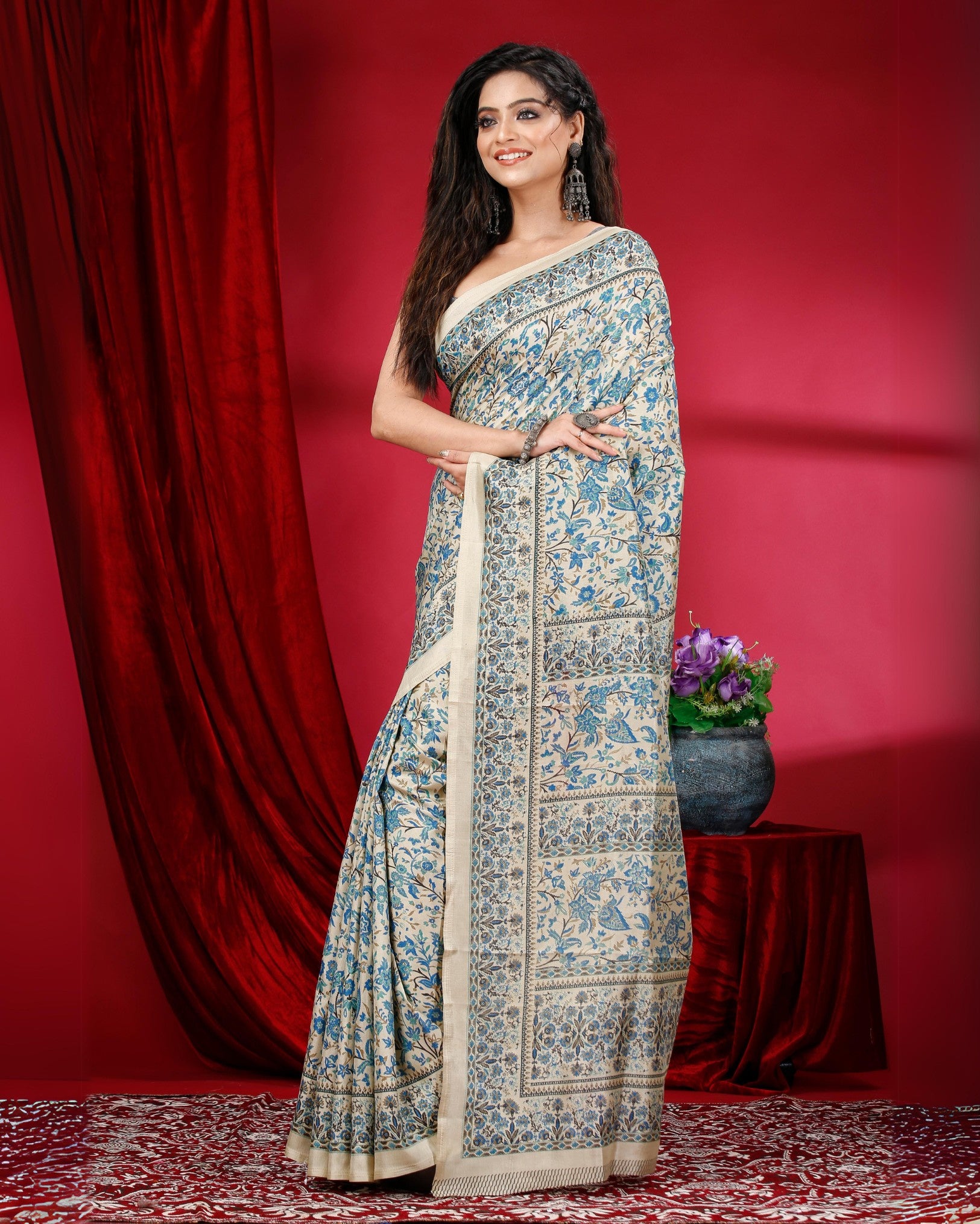 Ziyorah | Kashmiri Silk Beige & Blue Printed Saree