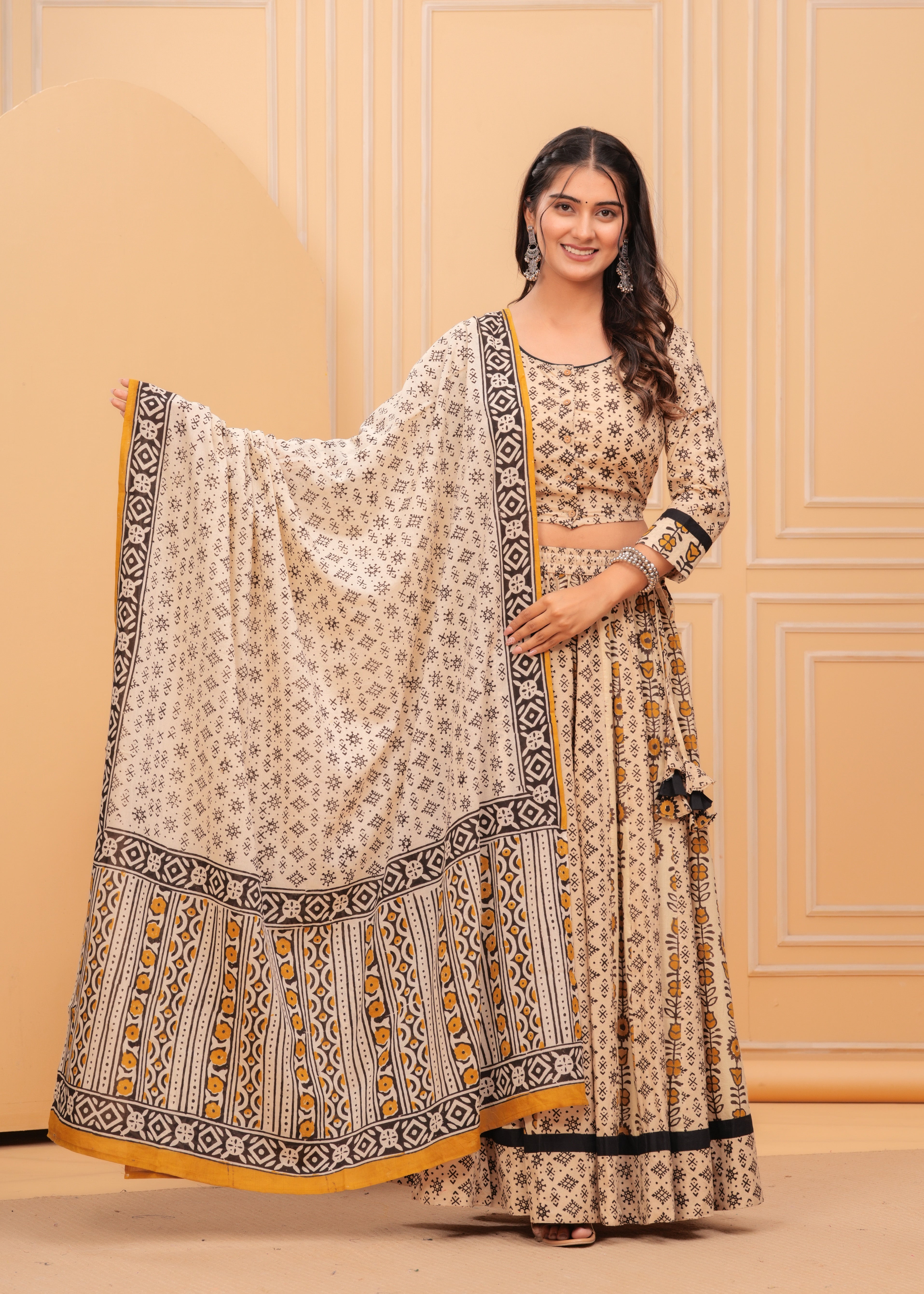 Ziyorah | Blockprinted Beige Lehanga Choli Set