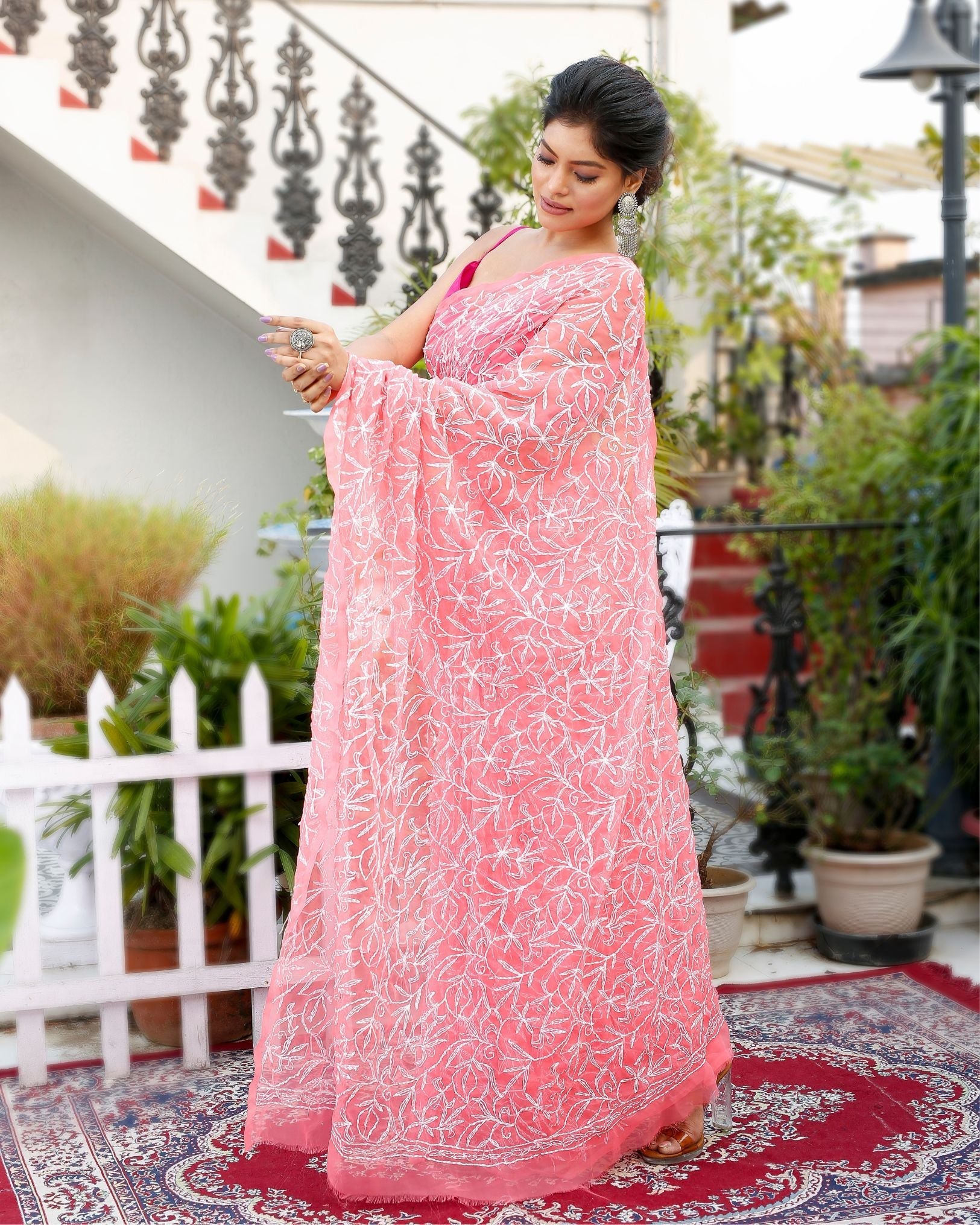 Ziyorah| Georgette Handcrafted Saree Candy Pink Color Tepchi Work With Running Blouse