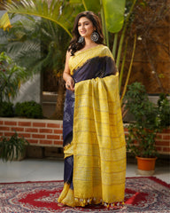 Ziyorah| Kota Silk Saree Dark Purple & Pale Yellow Double Color Batik Print With Running Blouse