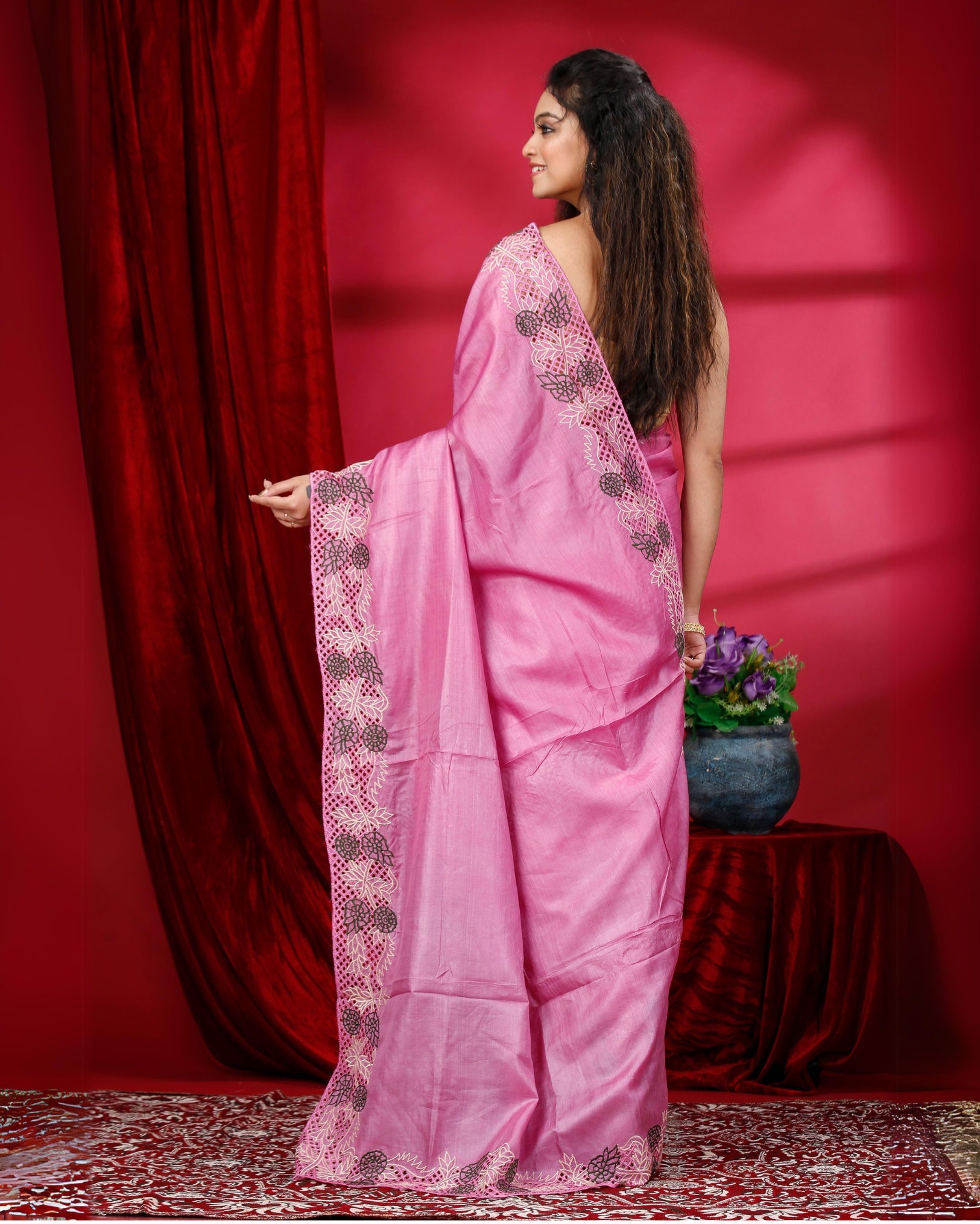 Ziyorah | Silkmark Certified Pure Tussar Pink Cutwork Saree