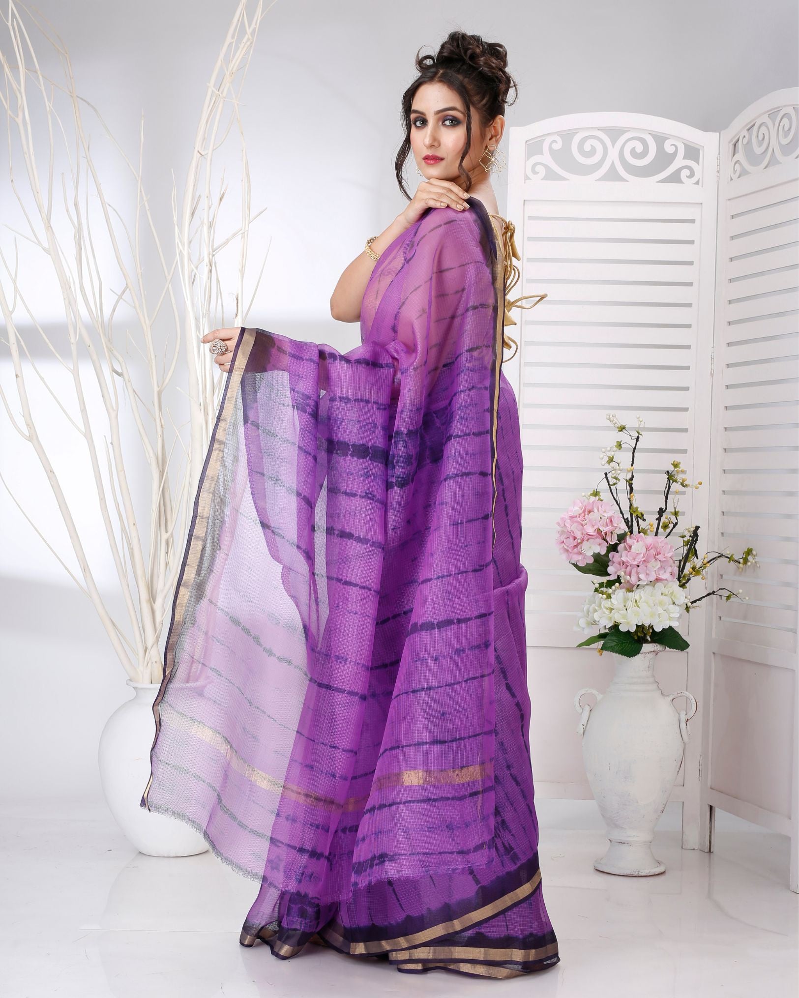 Ziyorah | Kota Doria Purple Saree Shibori Tye Dye With Running Blouse