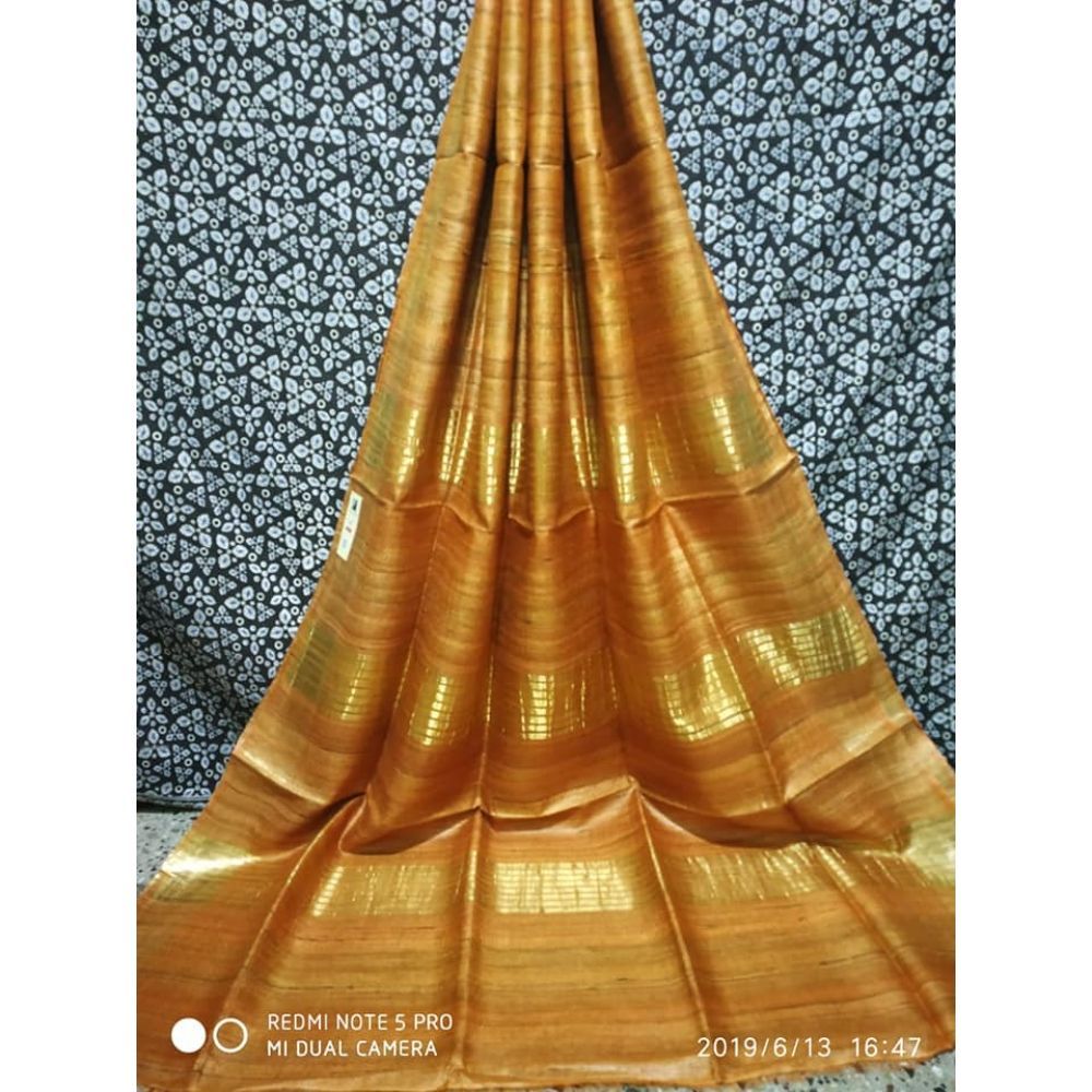 Ziyorah| Silkmark Certified Gichcha Tussar Handloom Hand Dyed Brown Saree With Blouse