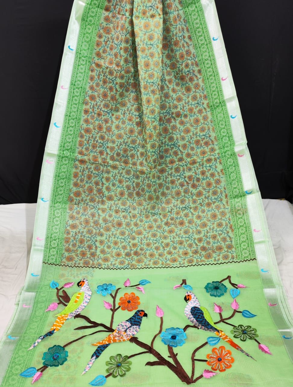 Ziyorah| Kota Doria Paithani Embroidery Designer Saree Light Green Colour With Running Blouse