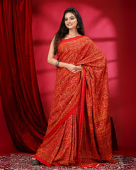 Ziyorah | Kashmiri Silk Red Printed Saree