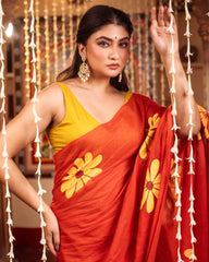 Ziyorah | Mul Cotton Hand Painted Orange Saree