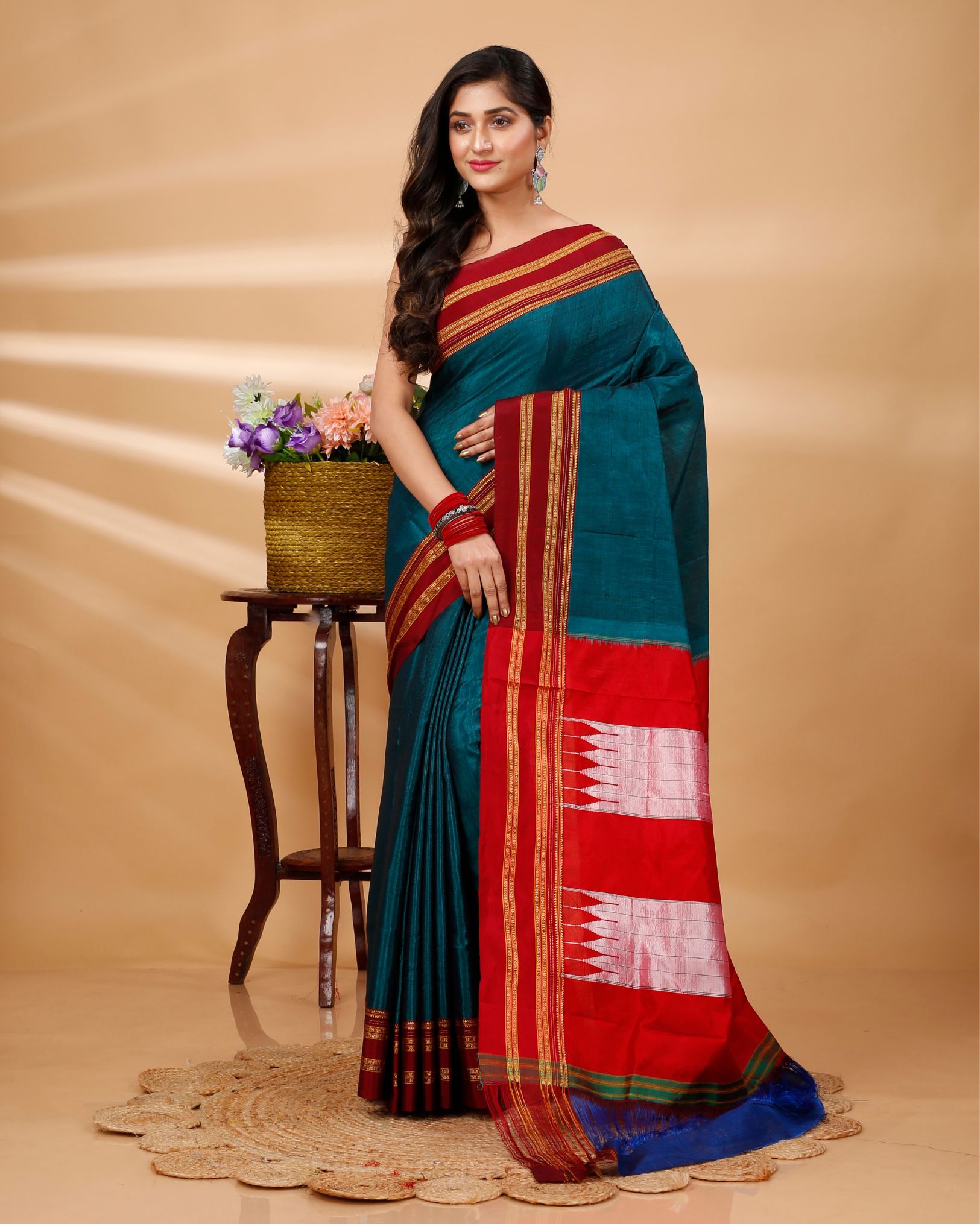 Ziyorah| Ilkal Handloom Cotton Silk Saree Dark Turquoise Color With Running Blouse