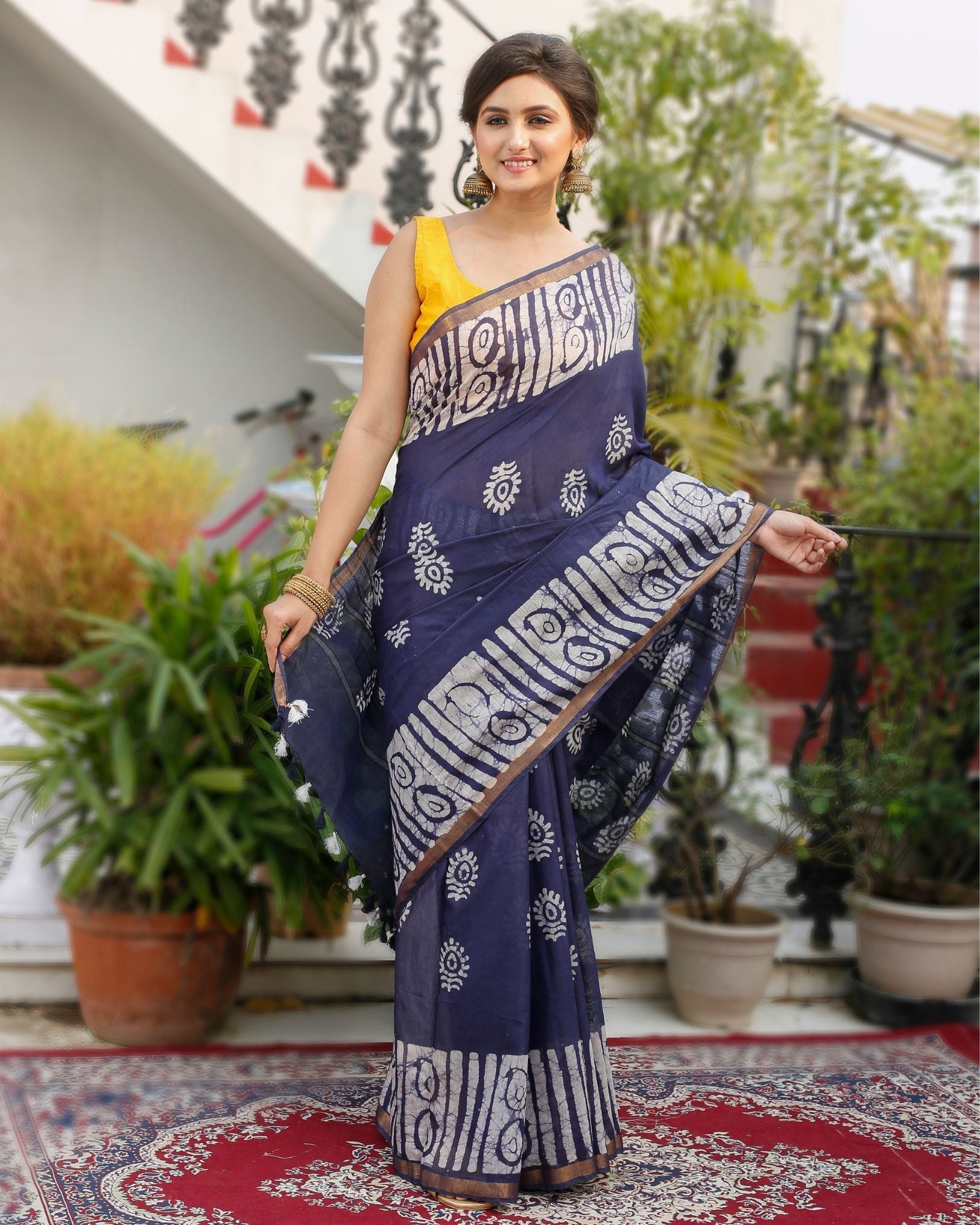 Ziyorah| Kota Silk Saree Slate Blue Color Batik Print With Running Blouse