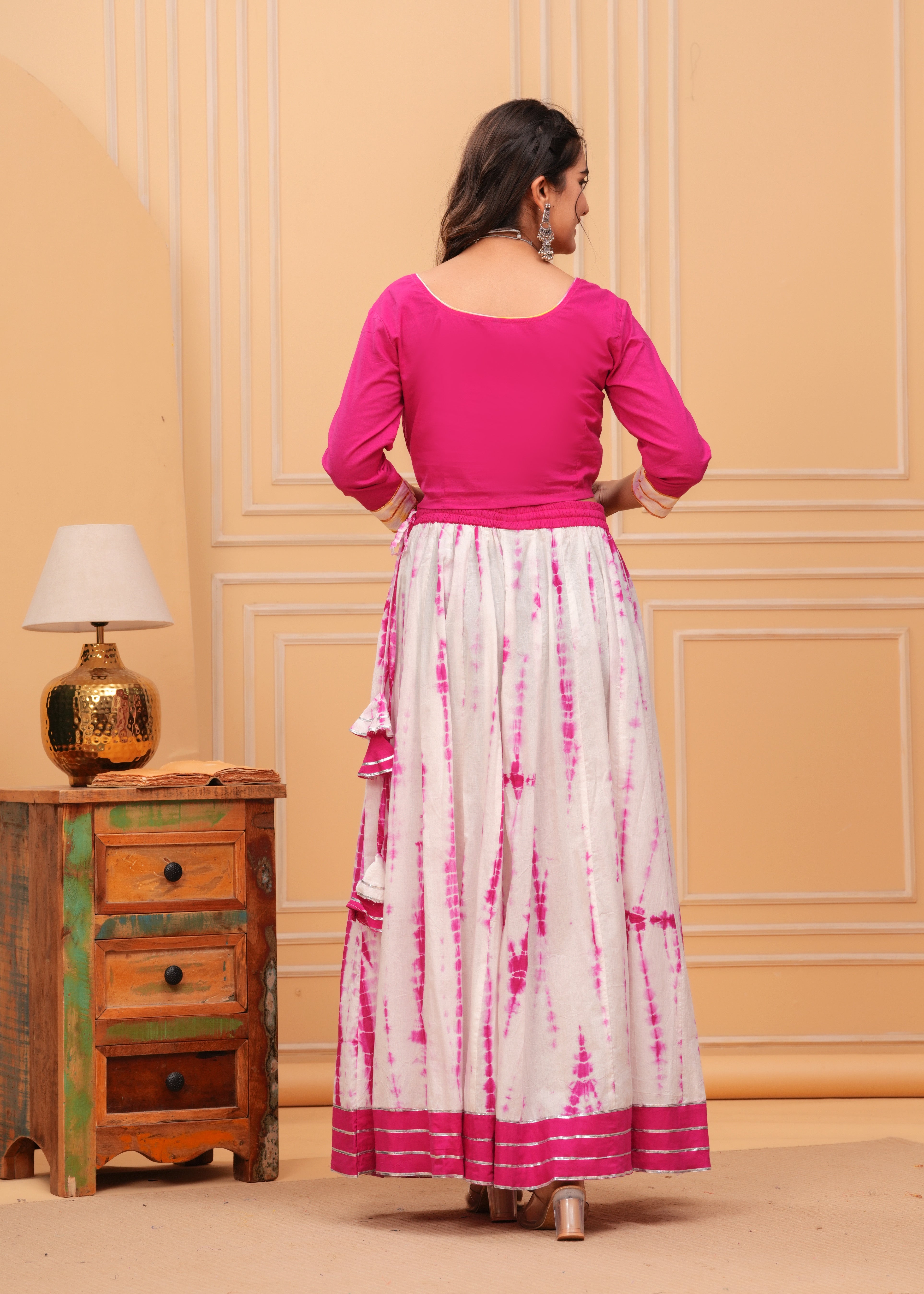 Ziyorah | Blockprinted Pink & White Lehanga Choli Set