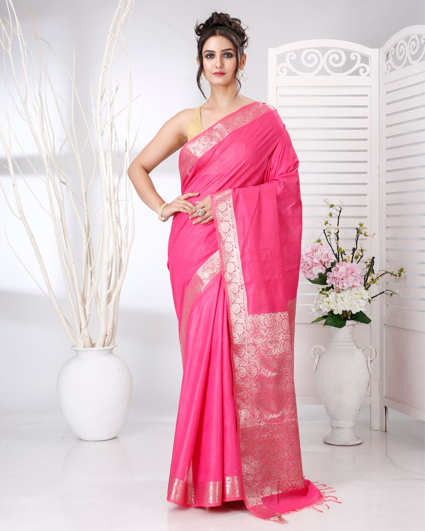 Ziyorah | Silk Linen Banarasi Brocade Handloom Pink Saree With Running Blouse