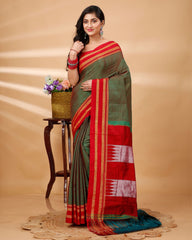 Ziyorah| Ilkal Handloom Cotton Silk Saree Green Color With Running Blouse