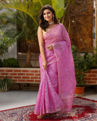 Ziyorah| Pure Cotton Kota Doria Saree Rose Pink Color Jaal Embroidery With Running Blouse