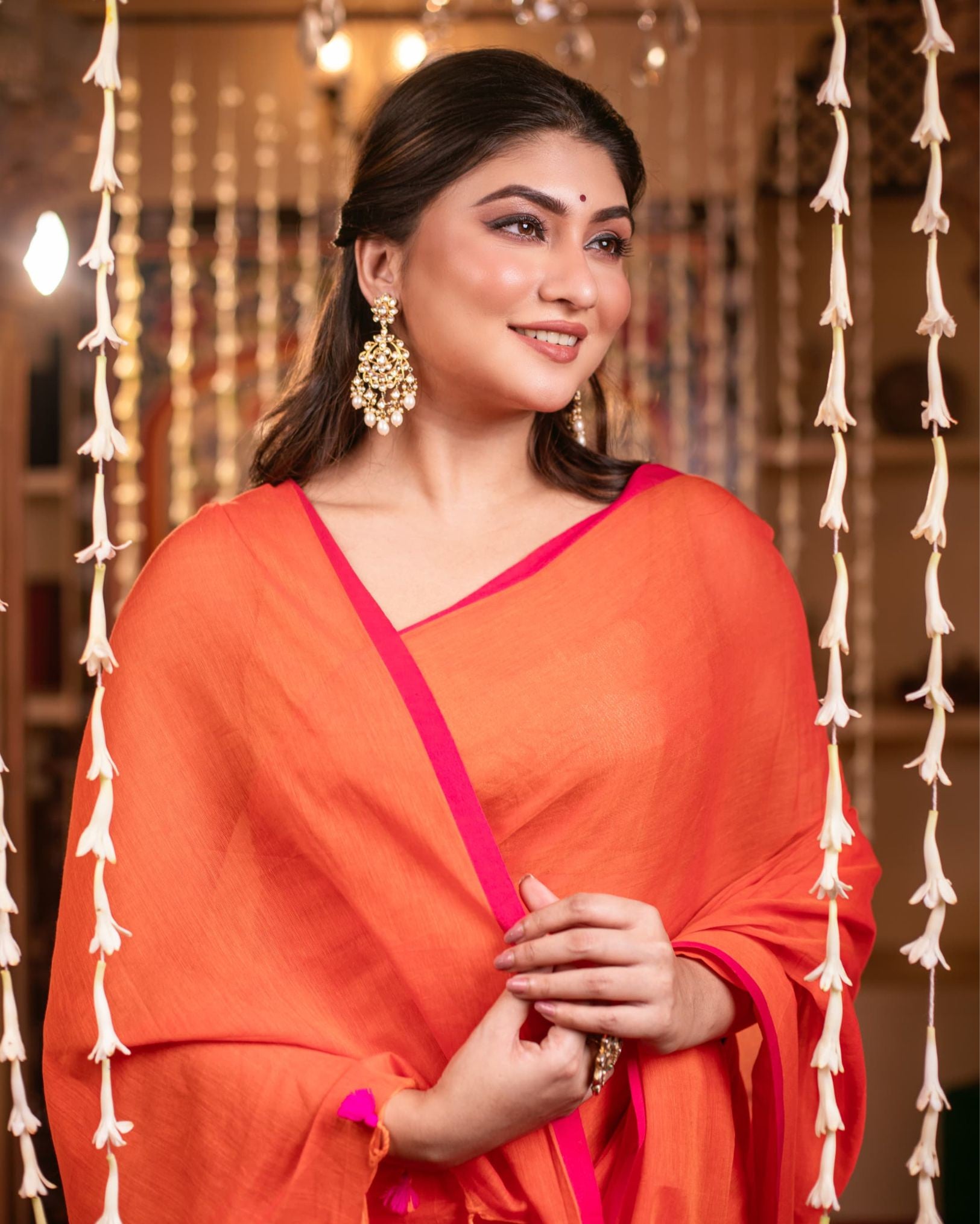 Ziyorah | Mul Cotton Plain Saree Orange with Tassel