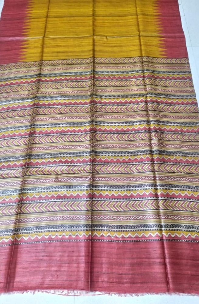 Ziyorah| Silkmark Certified Tussar Silk Handloom Handblock Printed Mustard Yellow Saree With Blouse