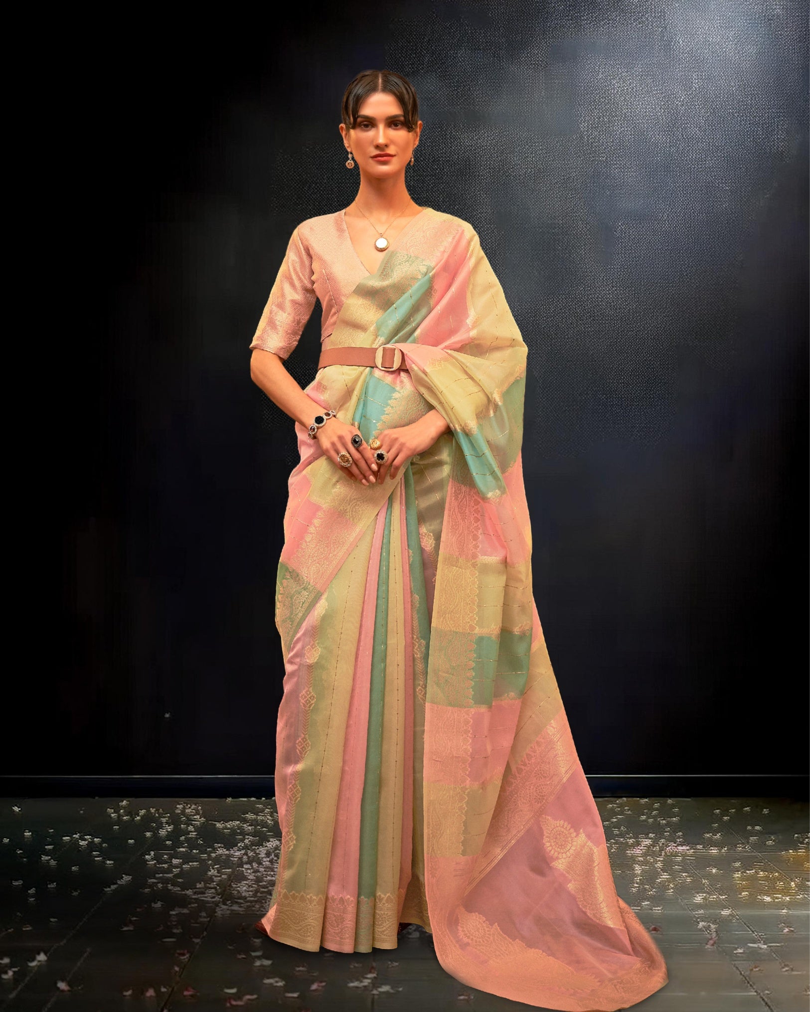 Ziyorah | Organza Banarasi Silk Pink & Green Saree