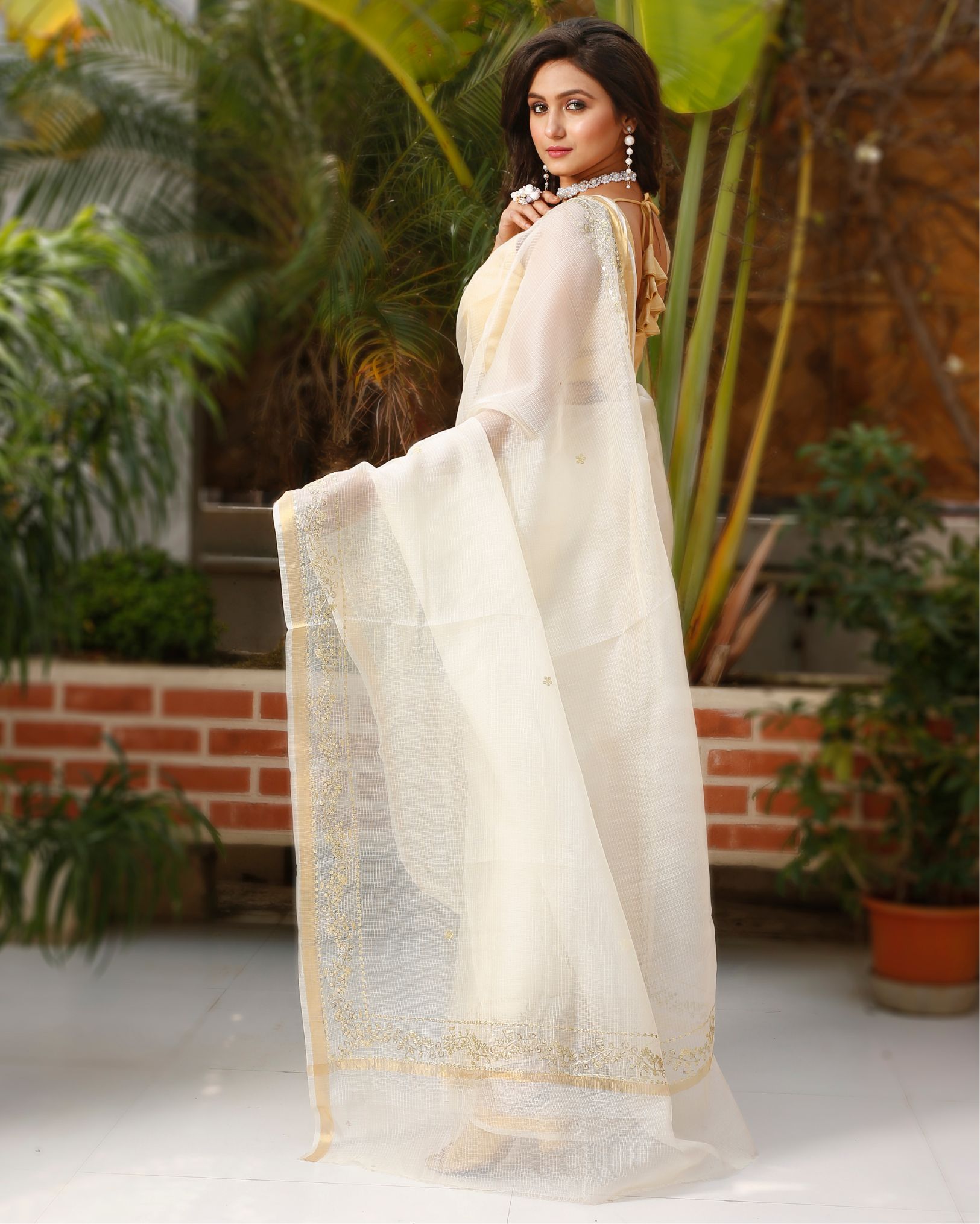 Ziyorah| Pure Silk Kota Doria Saree Beige Color Allover Hand Pitta Work With Running Blouse