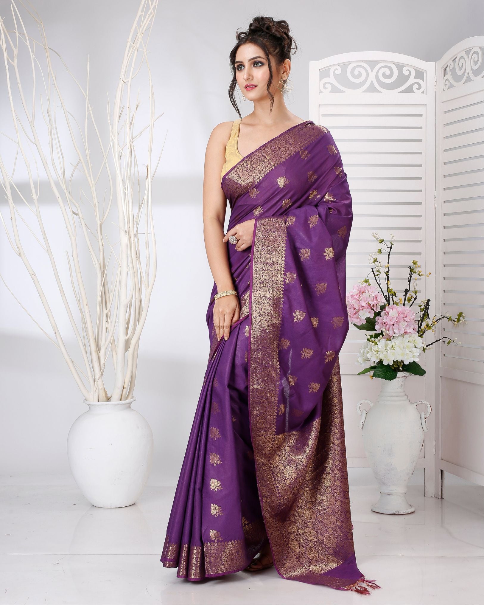 Ziyorah | Banarasi Katan Silk Purple Saree Jaquard Weaving Running Blouse