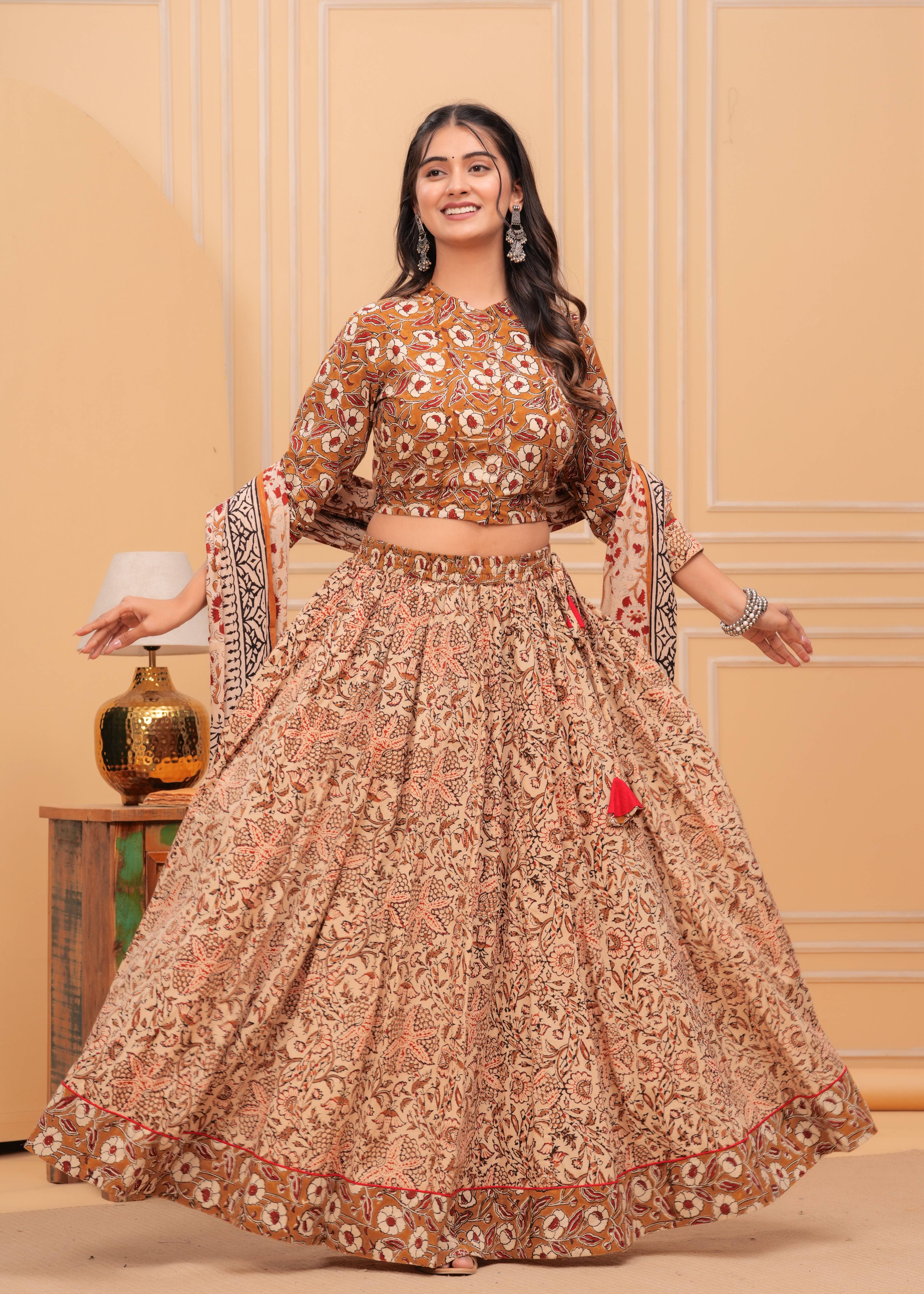 Ziyorah | Blockprinted Brown Lehanga Choli Set