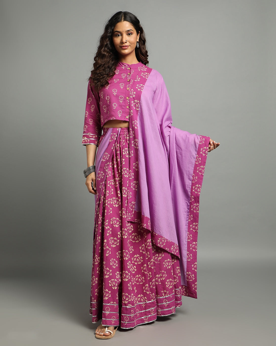 Ziyorah | Blockprinted Cotton Pink Stitched Lehanga