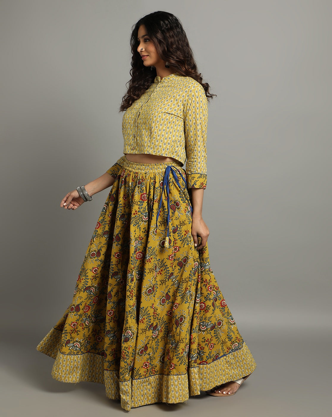 Ziyorah | Blockprinted Cotton Yellow Stitched Lehanga