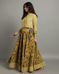 Ziyorah | Blockprinted Cotton Yellow Stitched Lehanga