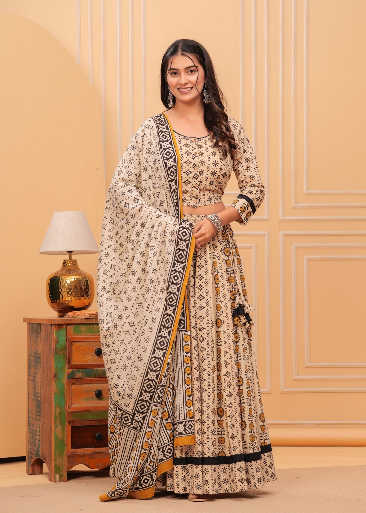 Ziyorah | Blockprinted Beige Lehanga Choli Set