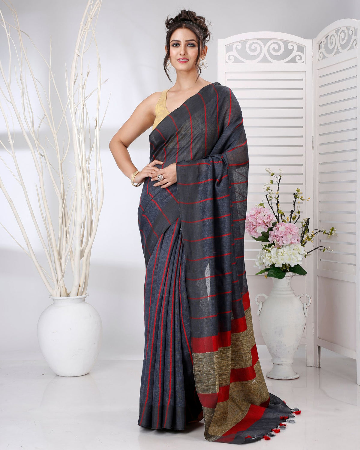 Ziyorah | Pure Linen Purple Saree Striped Design With Running Blouse