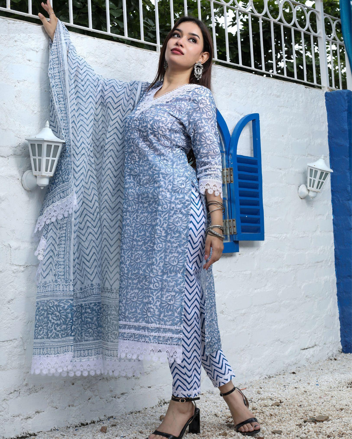 Ziyorah| Kota Doria Blue Suit Handblock Print 3/4Th Sleeve