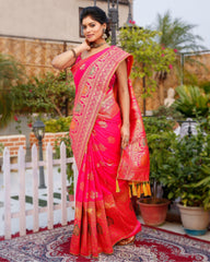 Ziyorah| Banarasi Silk Saree Dark Pink Color With Contrast Pallu And Blouse