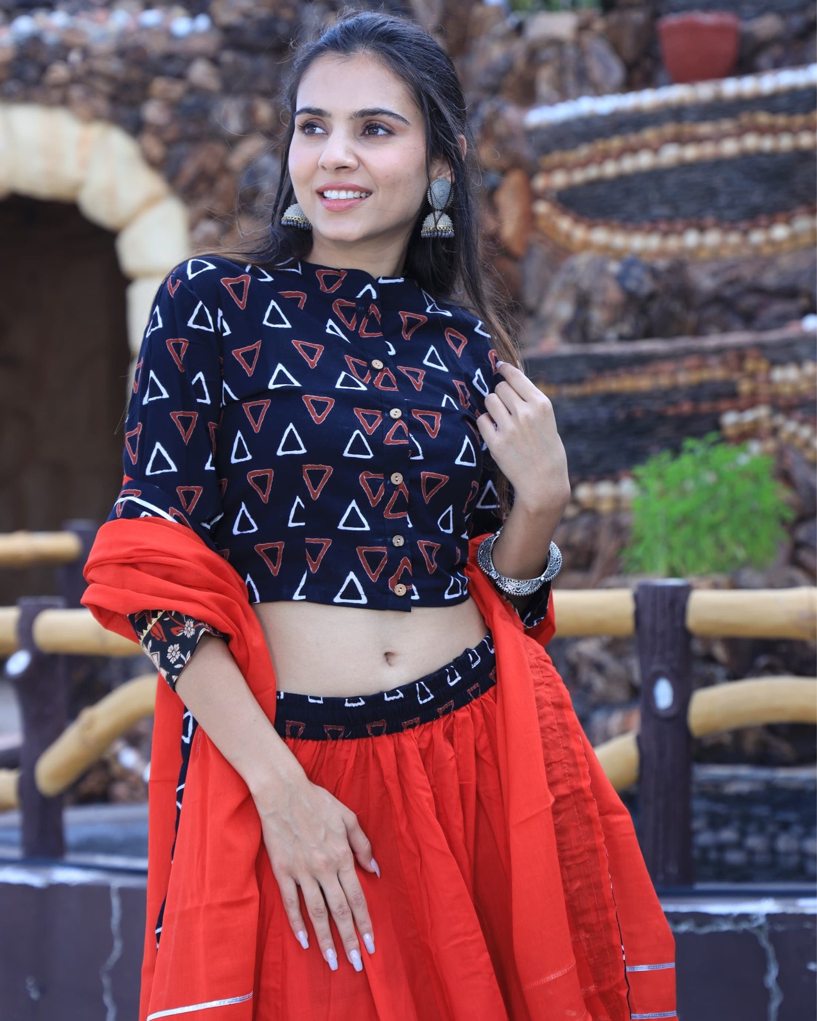 Ziyorah | Blockprinted Cotton Red & Black Lehanga Choli Set