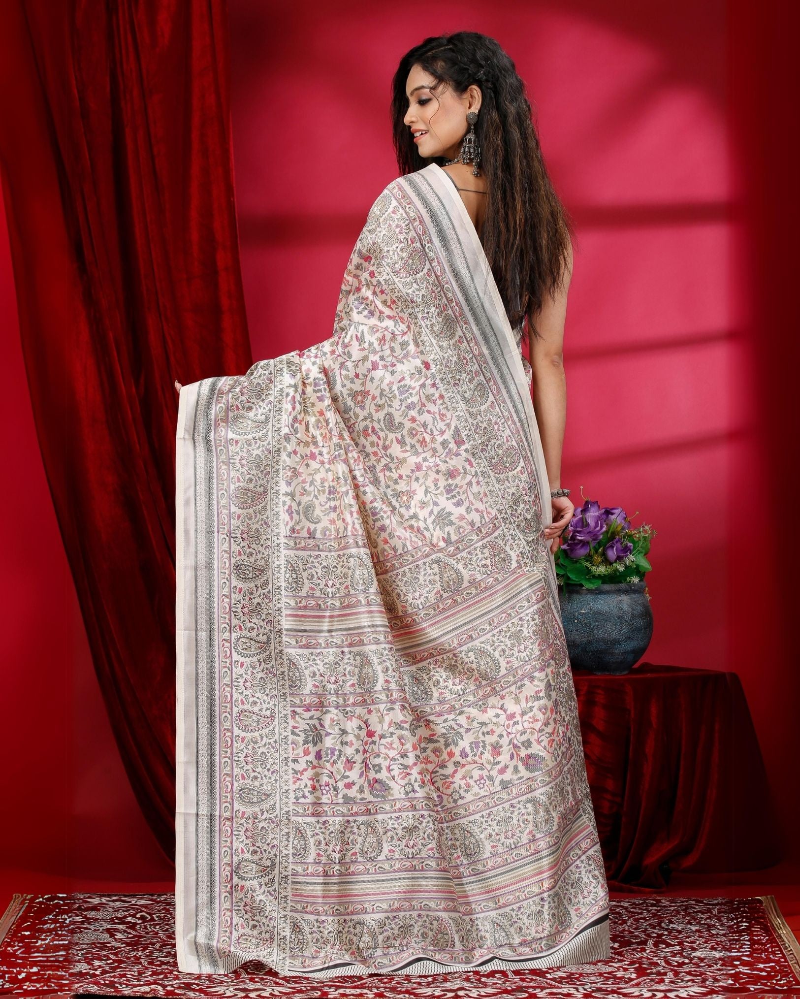 Ziyorah | Kashmiri Silk Off White Printed Saree