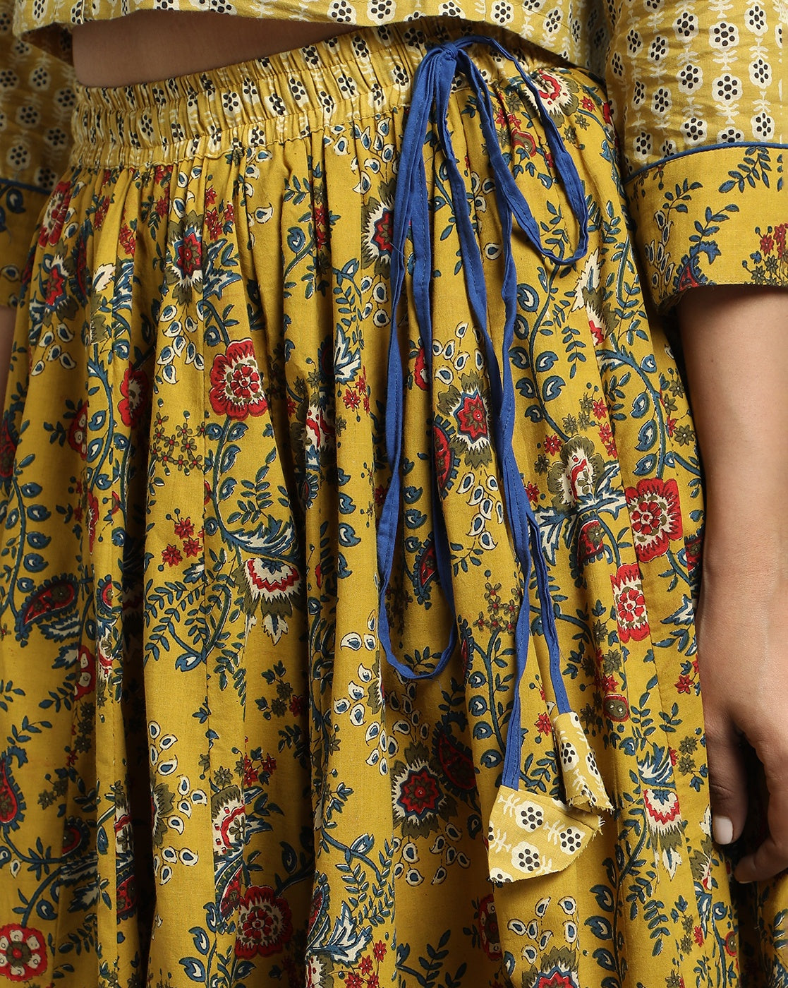 Ziyorah | Blockprinted Cotton Yellow Stitched Lehanga