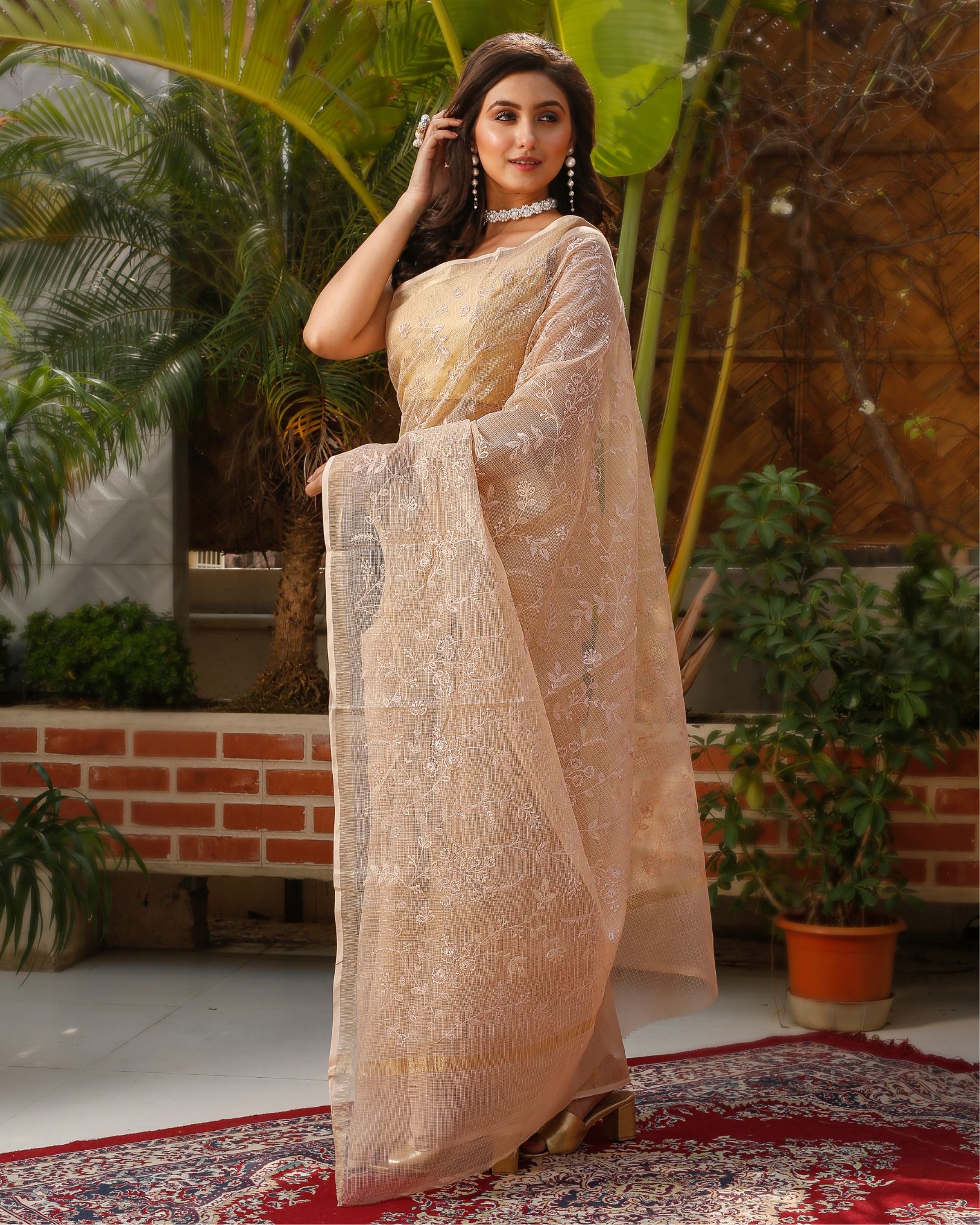 Ziyorah| Pure Cotton Kota Doria Saree Peach Color Jaal Embroidery With Running Blouse