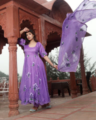 Ziyorah| Organza Purple Suit Hand Painted Three Quarter Length Sleeve