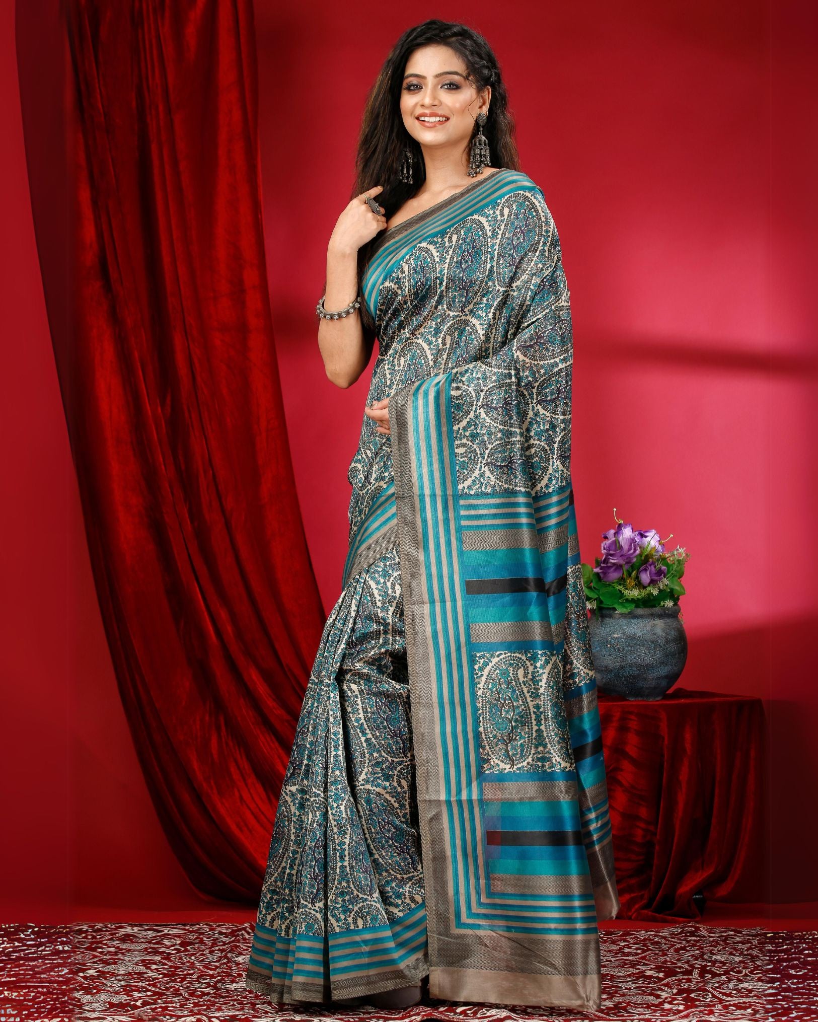 Ziyorah | Kashmiri Silk Printed Green Saree