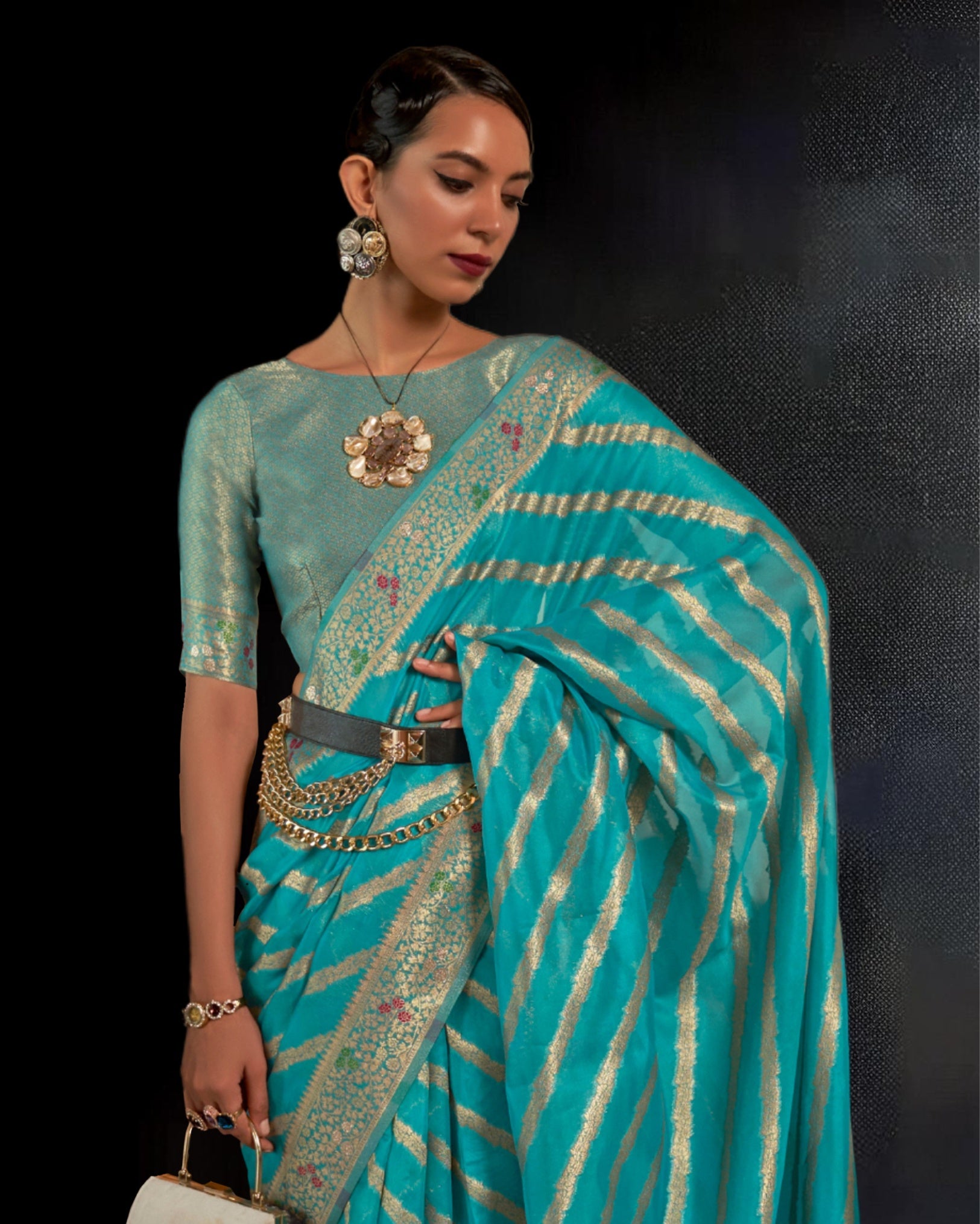 Ziyorah | Organza Silk Meenakari Weaving Blue Saree | Stunning