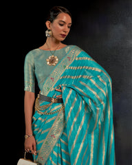 Ziyorah | Organza Silk Meenakari Weaving Blue Saree | Stunning