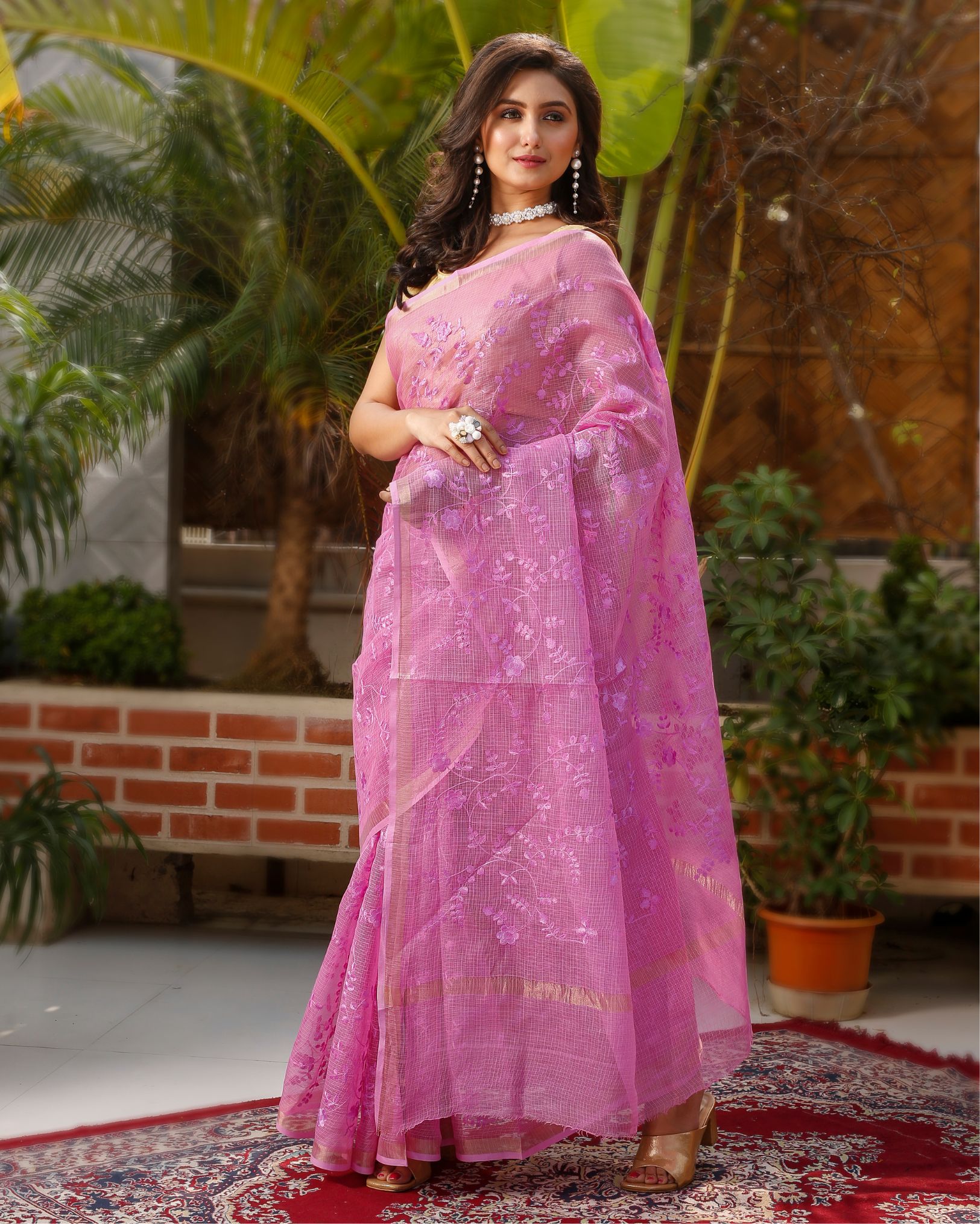 Ziyorah| Pure Cotton Kota Doria Saree Rose Pink Color Jaal Embroidery With Running Blouse