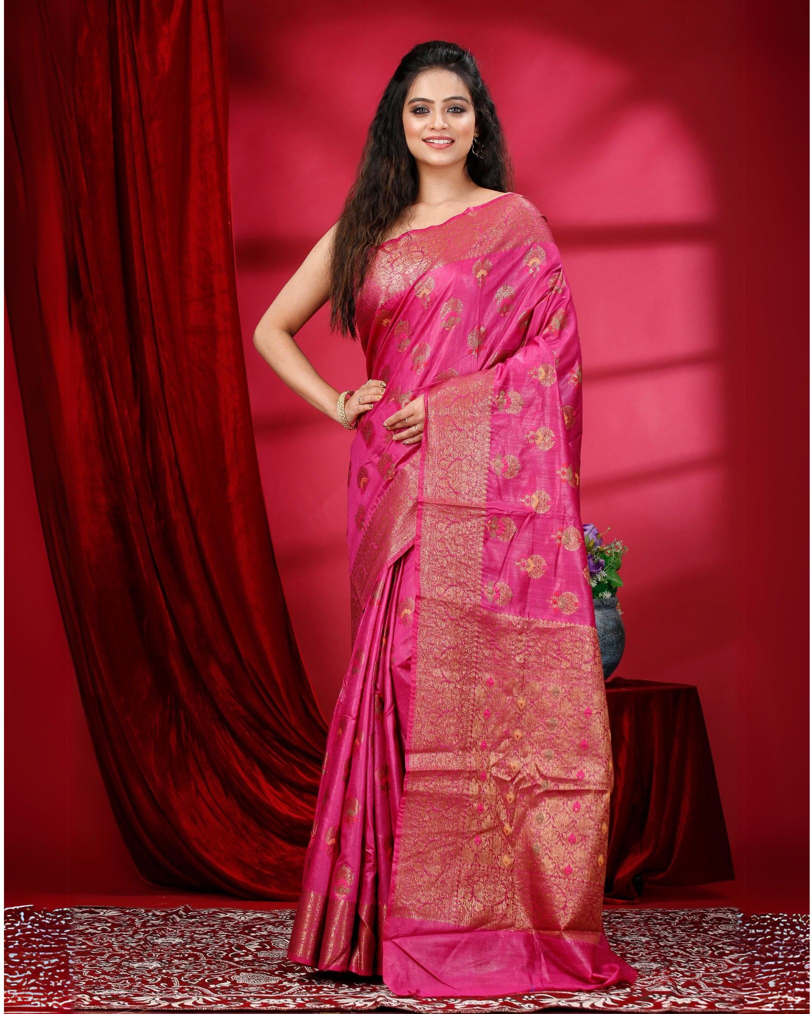 Ziyorah | Banarasi Muga Tussar Pink Saree | Elegant