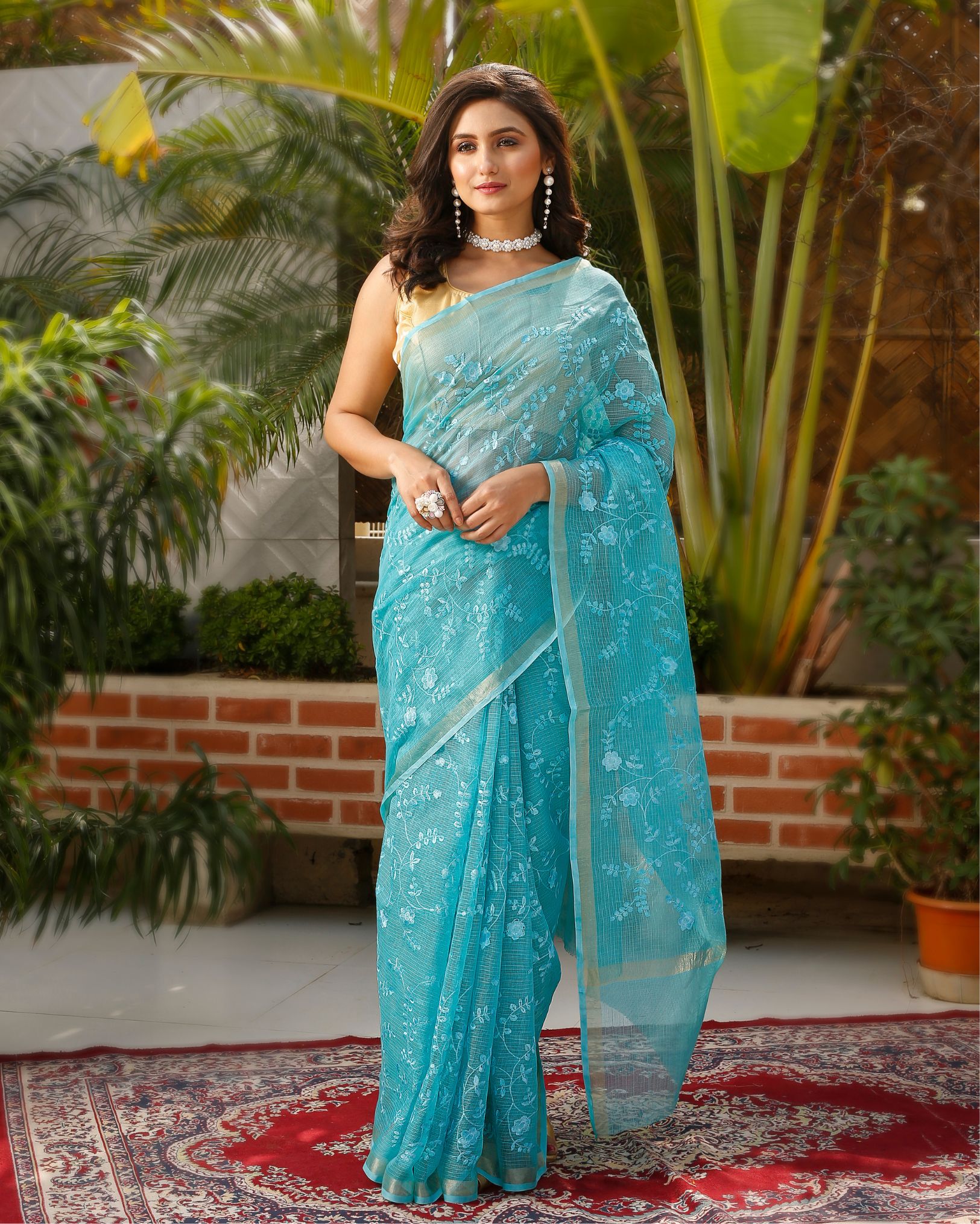 Ziyorah| Pure Cotton Kota Doria Saree Turquoise Blue Color Jaal Embroidery With Running Blouse