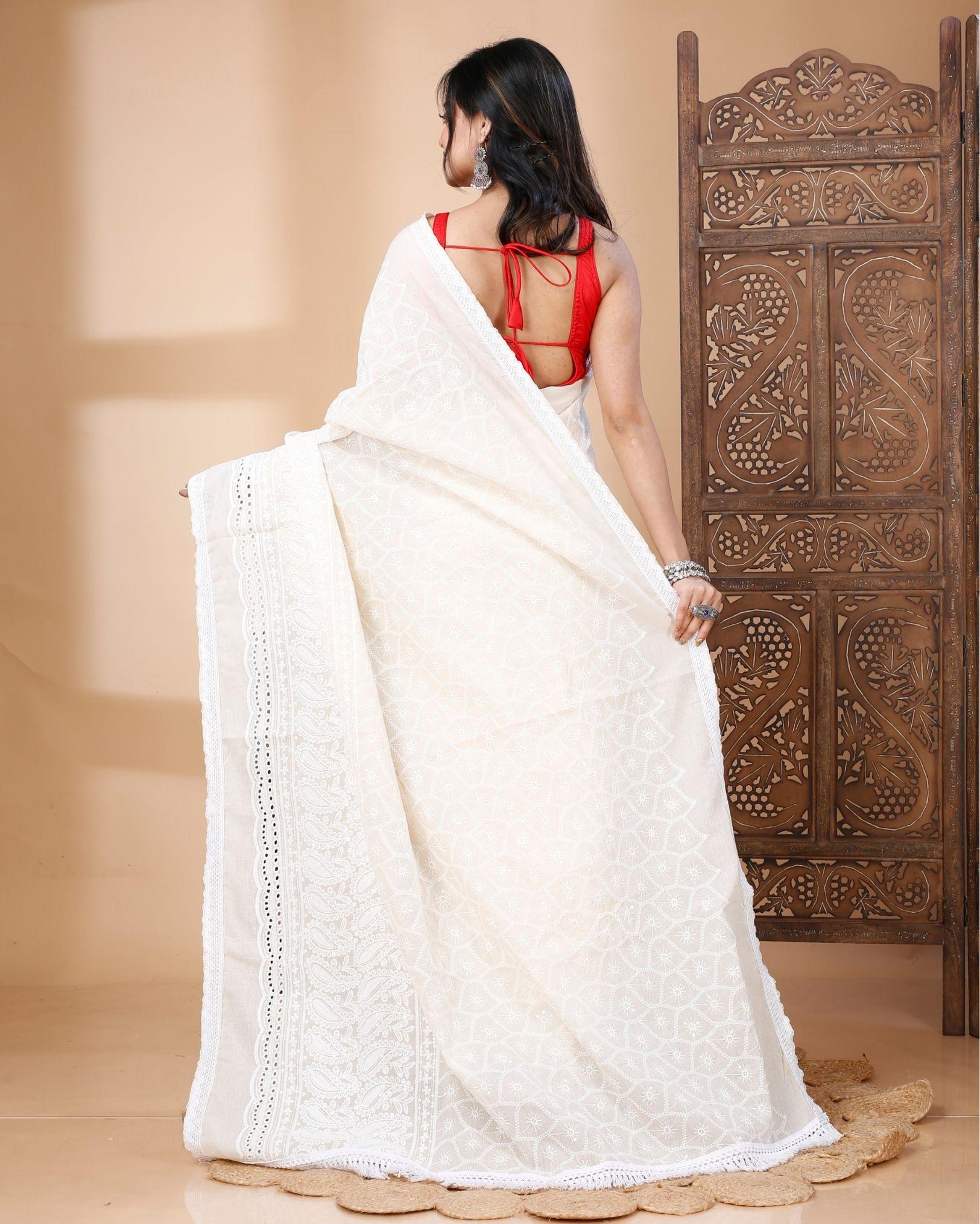 Ziyorah | Handloom Mulmul Cotton Saree Off White Color With Running Blouse