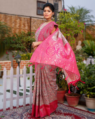 Ziyorah| Banarasi Silk Saree Light Beige & Pink Color With Contrast Pallu And Blouse