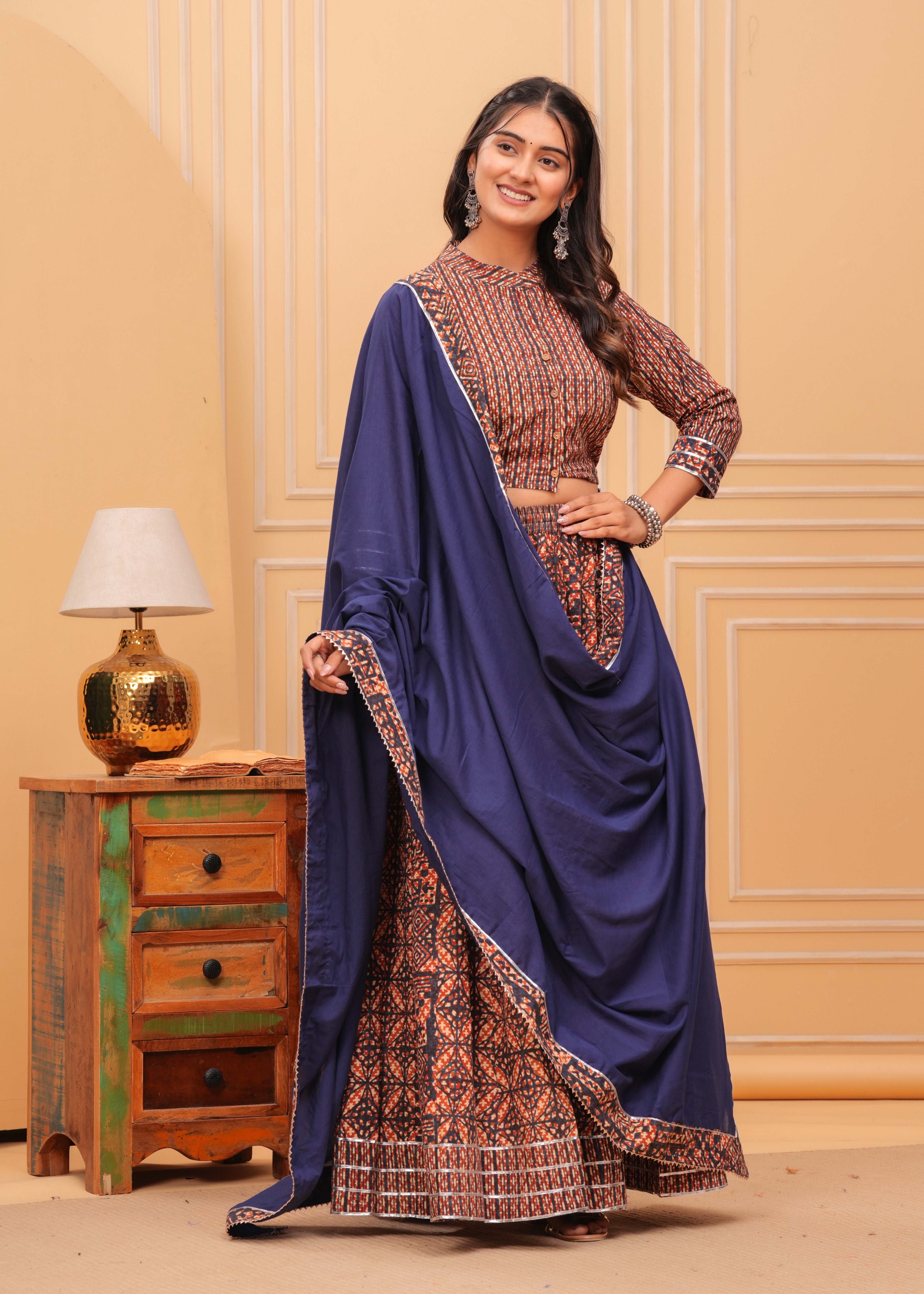 Ziyorah | Blockprinted Brown & Blue Lehanga Choli Set